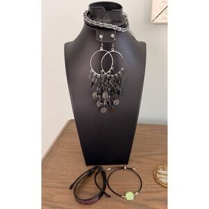 Boho Black Jewelry Lot 4pc Necklace Earrings Bracelets Faux Leather Charm Set